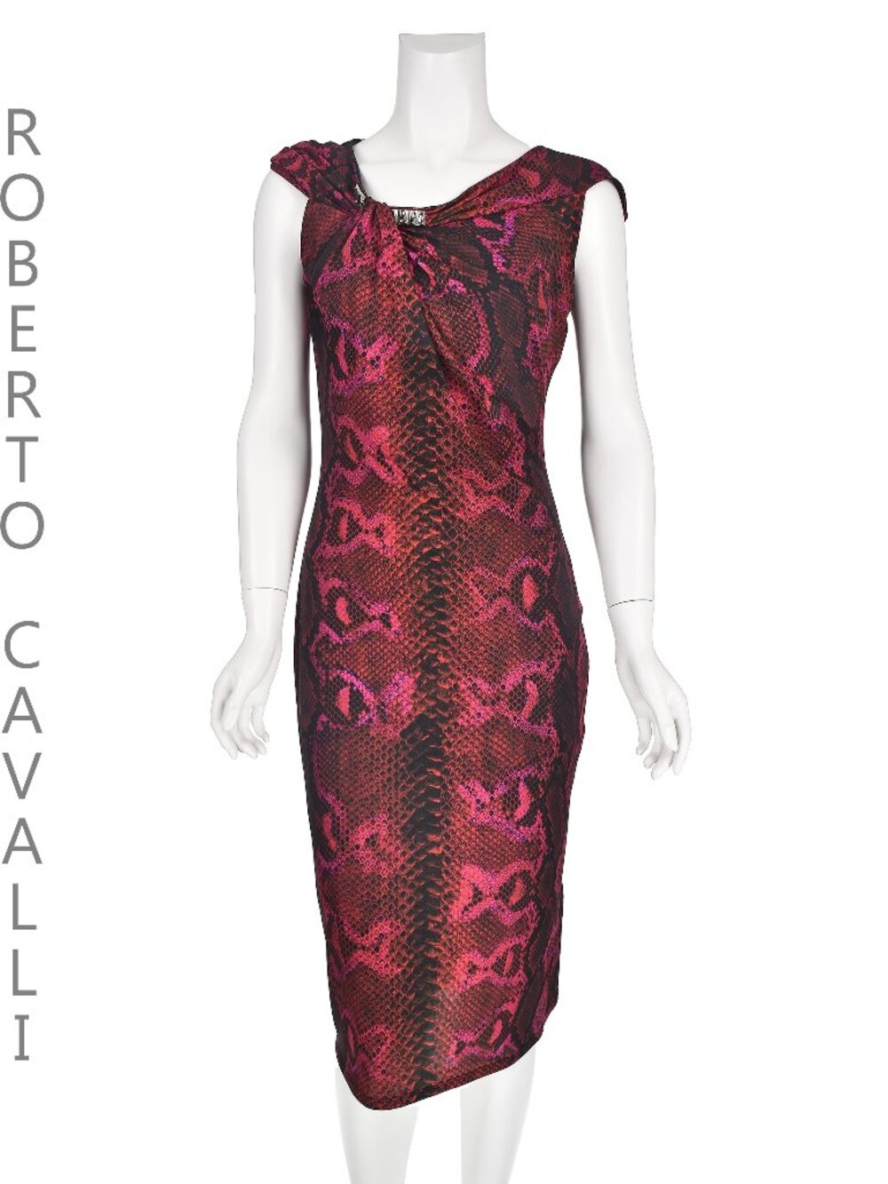 ROBERTO CAVALLI Pink & Black Knit Snakeskin Print Midi Sheath Dress, SZ IT44 US8
